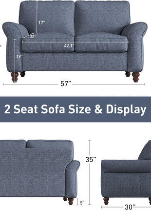 57-Inch Blue Upholstered Loveseat Sofa for Living Room, Apartment, and Office Environments