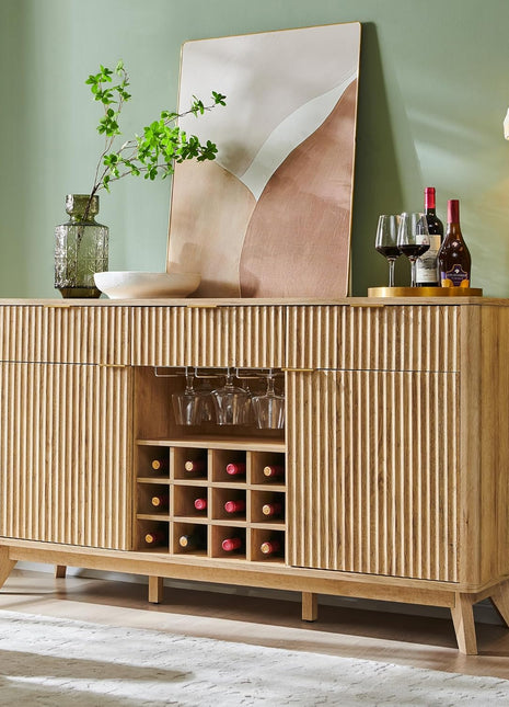 Modern Fluted Wine Bar Cabinet - 60" Wide Buffet Sideboard with Ample Storage, Featuring 2 Side Cabinets, 3 Drawers, 4 Glass Holders, and 12 Wine Racks, Ideal for Kitchen and Dining Room, Natural Oak Finish