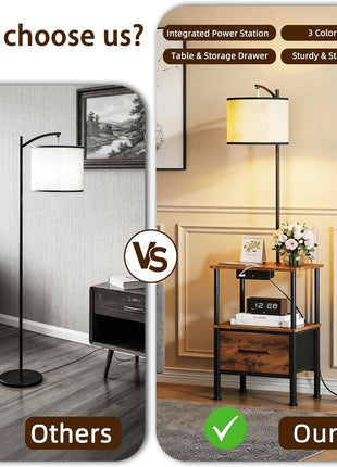Set of 2 Rustic Brown Floor Lamps with End Tables, Integrated Charging Station and USB Ports, Nightstands with Fabric Drawers, 3 Color Temperature LED Lighting for Living Room and Bedroom, 14.9" W