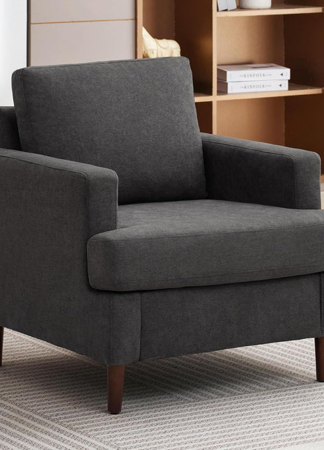 Mid-Century Modern Upholstered Accent Chair with Wooden Legs - Stylish and Comfortable Armchair for Living Room and Bedroom (Dark Grey, Single Pack)