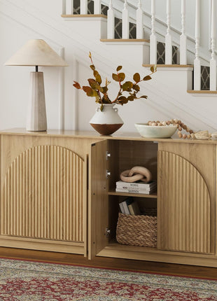 65-Inch Contemporary Fluted Sideboard Buffet Cabinet with Double-Layered Arch Doors, Oak Wood Accent Console for Living Room, Dining Room, Hallway, and Entryway