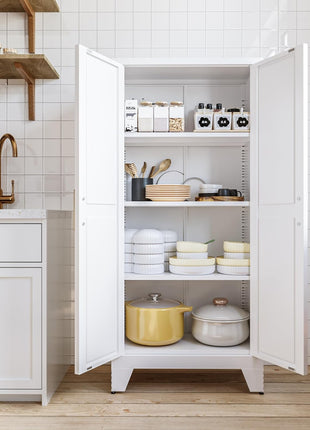 61" White Farmhouse Storage Cabinet with 2 Barn Doors, 3 Adjustable Shelves, and Legs for Versatile Use in Kitchen, Dining Room, Bathroom, Living Room, Office, or Laundry Room