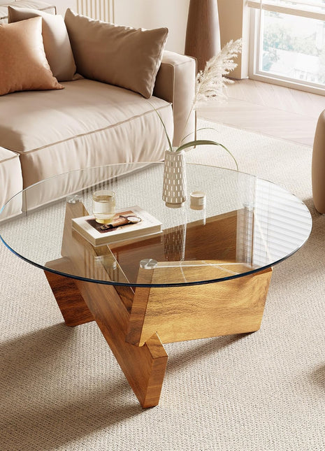 Contemporary Round Coffee Table with Tempered Glass Top and Natural Wood Finish, 30.7" x 30.7" x 16.1" for Living Room