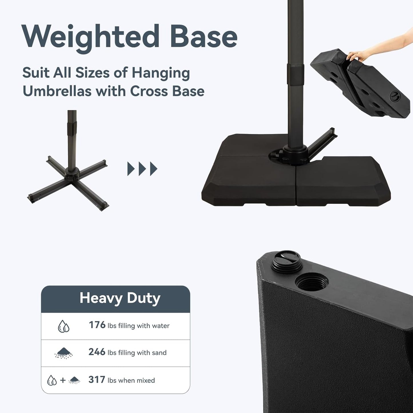 12X9 Ft Cantilever Patio Umbrella with Base Included, Rectangle Offset Outdoor Umbrellas with 360° Rotation, 5-Year-Non-Fading Hanging Pool Umbrella for Garden Deck Poolside - Grey