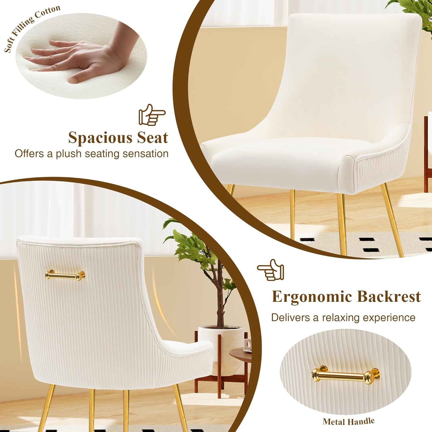 Velvet Dining Chairs Set of 2 with Gold Metal Legs, Modern Upholstered Kitchen Chair with Pull Handle & Pleated Back, Mid Century Accent Chair for Vanity,Dining,Kitchen,Living Room, Beige