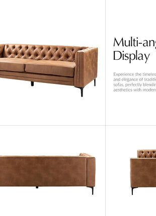 84" Faux Leather Upholstered 3-Seater Sofa with Metal Legs, Button-Tufted Design, Mid-Century Modern Style for Living Room and Entertainment Areas, Camel Color