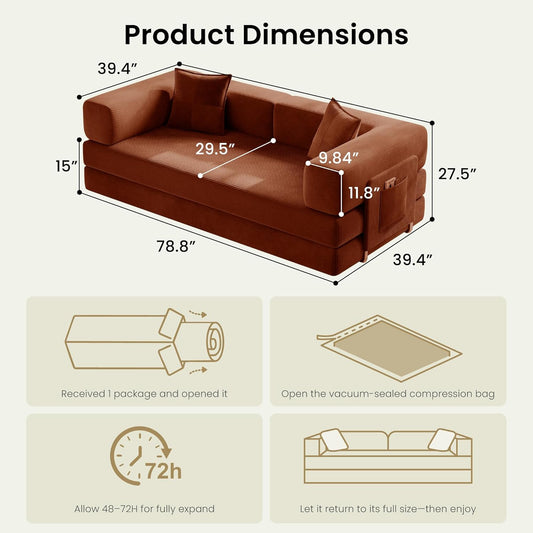 78.8" Convertible Futon Sofa Bed,Corduroy Futon Couch with Storage Pocket,Folding Pull Out Sofa,No Assembly Boneless Couch for Living Room,Orange