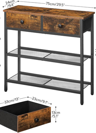 29.5" Narrow Console Table with Dual Fabric Drawers and Three-Tier Storage Shelves, Perfect for Living Room and Hallway, Rustic Brown and Black Finish