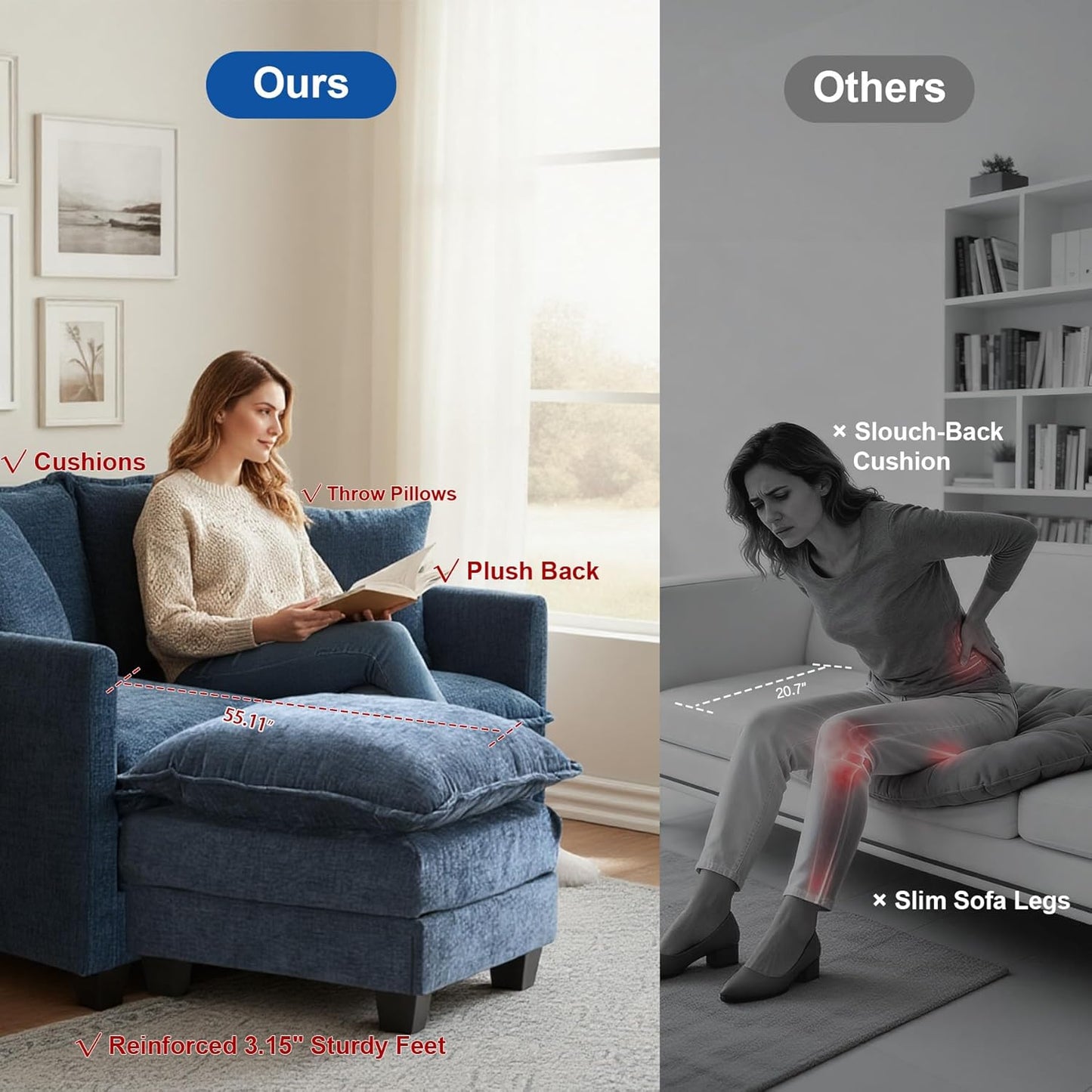 Loveseat Sofa with Ottoman, 50'' Modern L-Shape Cloud Couch Sofa Loveseat with 22'' Ottoman for Small Space/Apartment/Office/Living Room 8834-BLUE-L