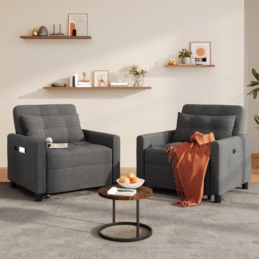 Convertible Sofa Bed, 3-In-1 Multi-Functional Sleeper Chair Bed, Adjustable Backrest Recliner with Modern Linen Fabric for Living Room Bedroom Apartment Small Space, Dark Grey