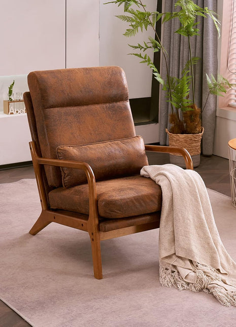 Karl Mid-Century Modern Accent Chair with Pillow, High Back Bronzing Fabric Upholstery, Solid Wood Frame, and Plush Cushion for Living Room, Bedroom, or Balcony - Brown