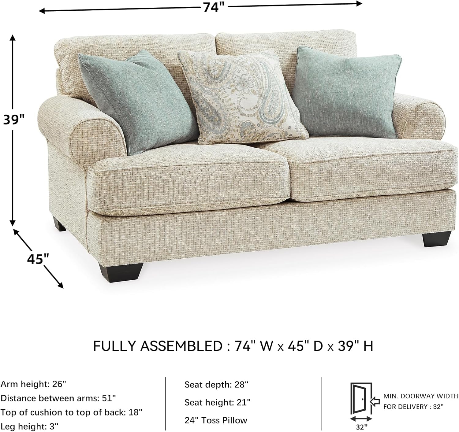 Monaghan Vintage Loveseat with Accent Pillows, Reversible Cushions and Rolled Arms, Beige