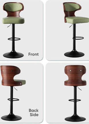 Set of 2 Adjustable Height Bentwood Swivel Bar Stools with Backrest and Footrest - Green PU Leather Upholstered Dining Chairs (24.5-33.5 IN)