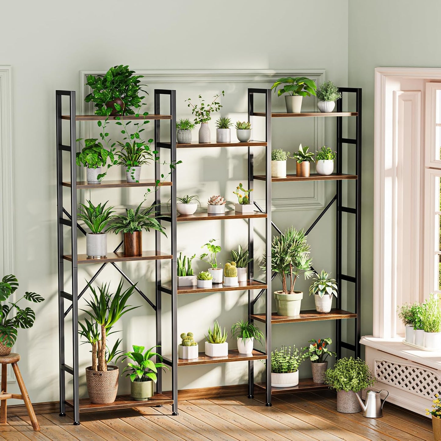 Triple Bookshelf, Bookcase with 11 Open Display Shelves, Wide Book Shelf Book Case for Home & Office, 5 Tier, Rustic Brown