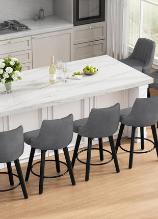 Set of 3 Upholstered 24" Counter Height Swivel Bar Stools with Back and Solid Wood Legs in Dark Gray for Kitchen Island and Dining Room