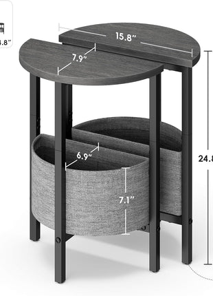 Set of 2 Contemporary Half Moon Accent Tables with Storage Basket, Small Round Side Tables for Living Room and Bedroom in Gray Walnut