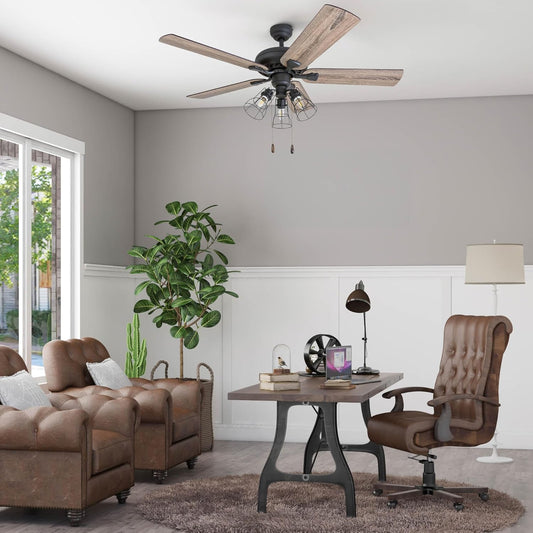 Lincoln Woods, 52 Inch Industrial Style LED Ceiling Fan with Light, Pull Chain, Three Mounting Options, 5 Dual Finish Blades, Reversible Motor - 50581-01 (Bronze)