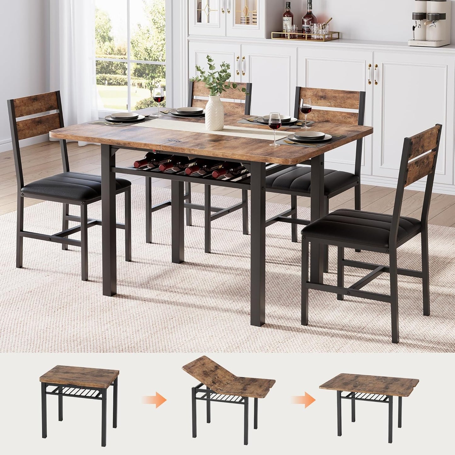 Dining Table Set for 4, Extendable Kitchen Table with 4 PU Leather Upholstered Dining Room Chairs, Wood Kitchen Table Set with Built-In Storage Rack for Dining & Small Spaces, Rustic Brown