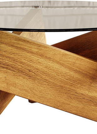 Contemporary Round Coffee Table with Tempered Glass Top and Natural Wood Finish, 30.7" x 30.7" x 16.1" for Living Room