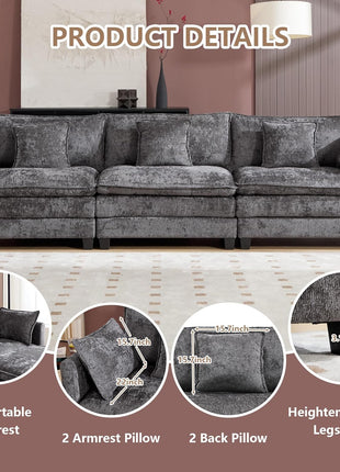Cloud Modular U-Shaped Sectional Sofa with Ottoman, Oversized Deep Seat Couch for Spacious Living Rooms, Pet-Friendly Chenille Fabric Ideal for Family Movie Nights