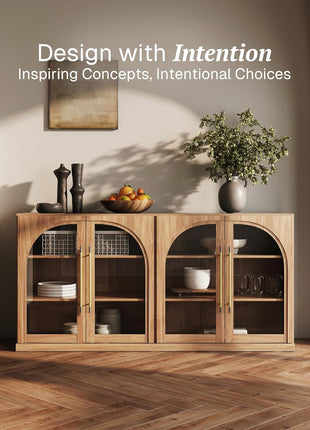 65" Arched Sideboard with Glass Doors, Accent Buffet Cabinet Featuring Storage and Adjustable Shelves, Classic Modern Console Table for Dining Room, Living Room, and Entryway (Camel)