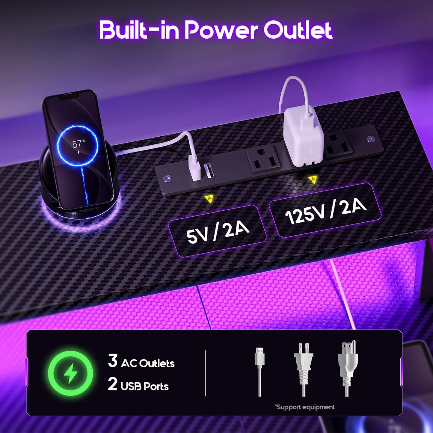 55 Inch Gaming Desk with LED Lights and Power Outlet, U-Shaped Computer Desk with Monitor Stand and Storage Shelves, PC Gamer Table for Home Office, Carbon Fiber Black