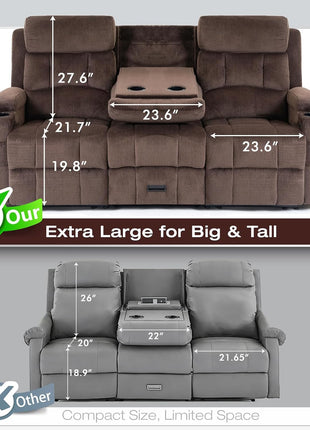 Oversized 3-Seater Loveseat Recliner Sofa with Flip-Down Middle Backrest, Storage Drawer, Dual Manual Recliners, USB Ports, Cup Holders, and Phone Holders in Brown