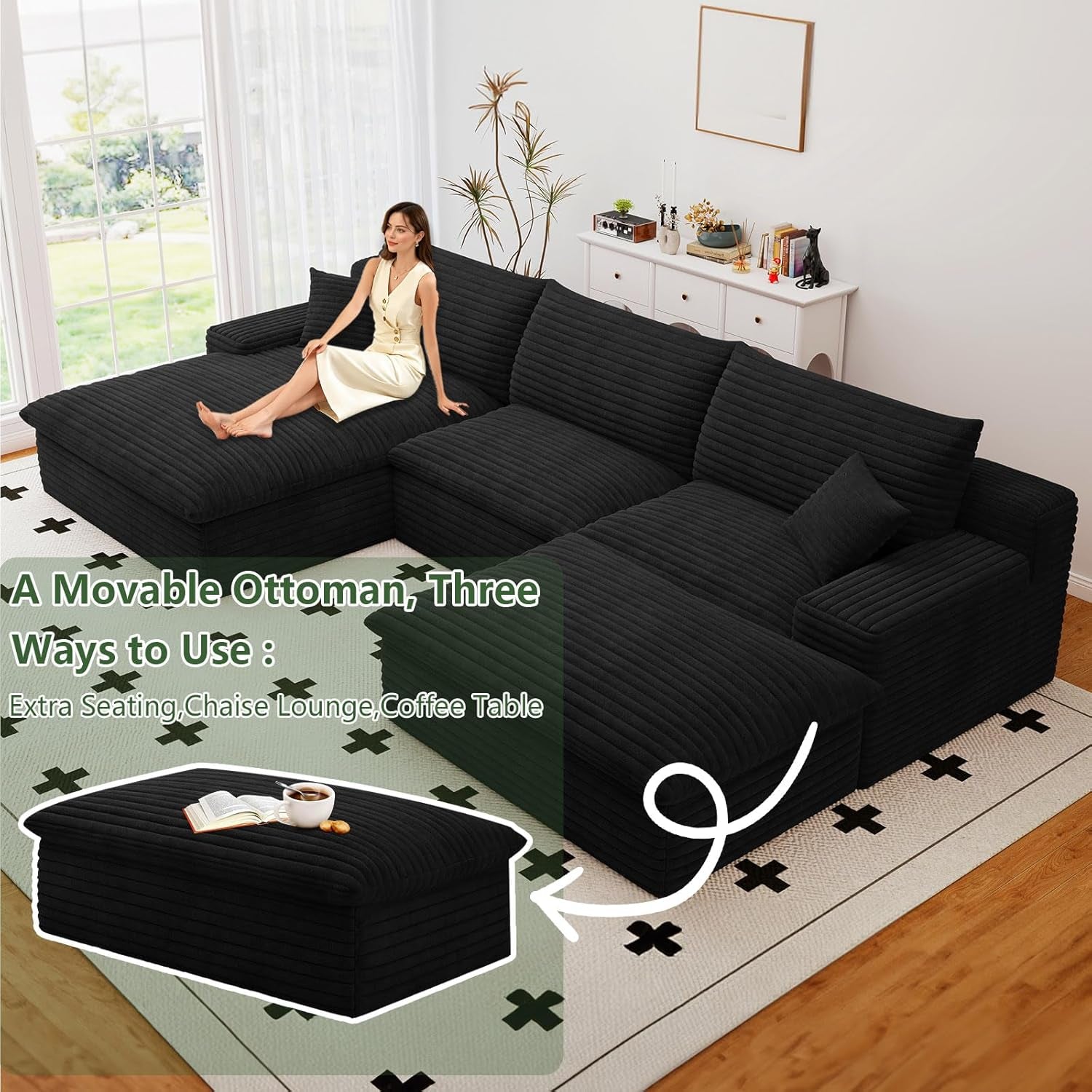 107" Cloud Couch Modular Sectional Sofa for Living Room, U-Shape Boneless Couch with Deep Seat, Modern Corduroy 3-Seater with Ottoman, No Assembly Required (Black,Left-Facing Chaise)
