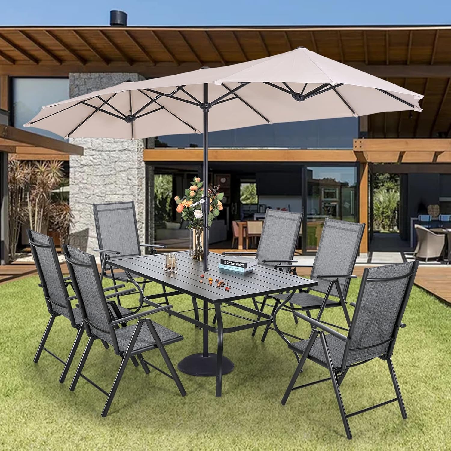 7 Pieces Patio Dining Set with 13Ft Beige Umbrella, Folding Outdoor Dining Chairs for 6, Rectangular Metal Patio Table and Sling Chairs Set, Grey