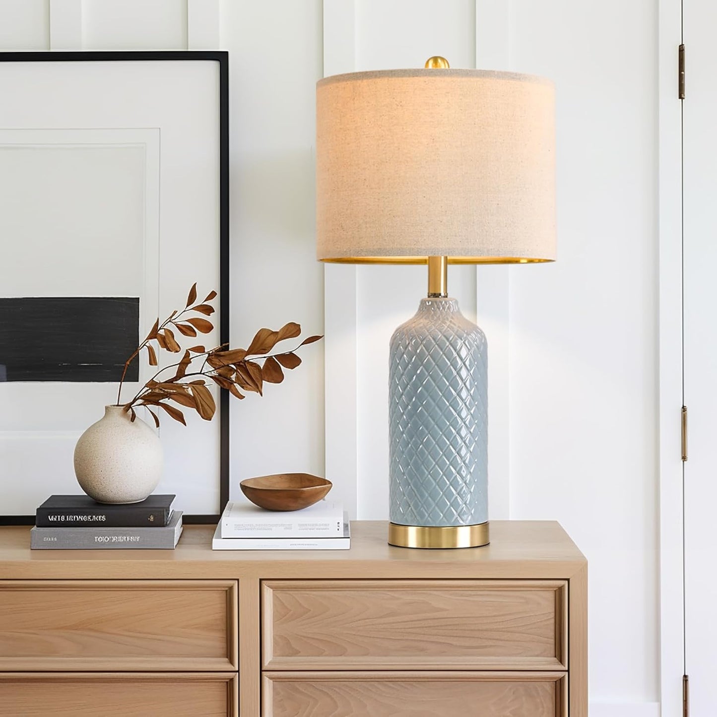 24.25" Modern Ceramic Blue Table Lamps Set of 2 for Living Room Bedroom Bedside Table Lamp for Night Stands Boho Nightstand Lamp Coastal Side End Table Lamps Reading Light Home Office Dorm Deco Gifts