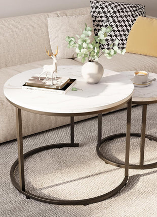 Set of 2 Round Nesting Coffee Tables Featuring White Faux Marble Tops and Black Steel Frames for Living Room, Bedroom, and Balcony Use