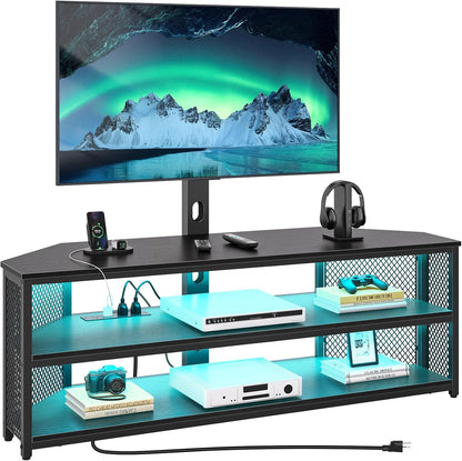 TV Stand with Mount and Power Outlet, Swivel TV Stand with LED Lights for 32/45/55/60/65/70 Inch Tvs, Black Entertainment Center Media Console with Height Adjustable Mount
