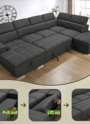 Stylish 127-Inch Charcoal Grey Microfiber U-Shaped Sectional Sofa with Pullout Bed, 7 Seats, Adjustable Headrests, Storage Chaise, and Ottoman – Effortless Assembly, Breathable, High-Quality Design for Modern Living Rooms