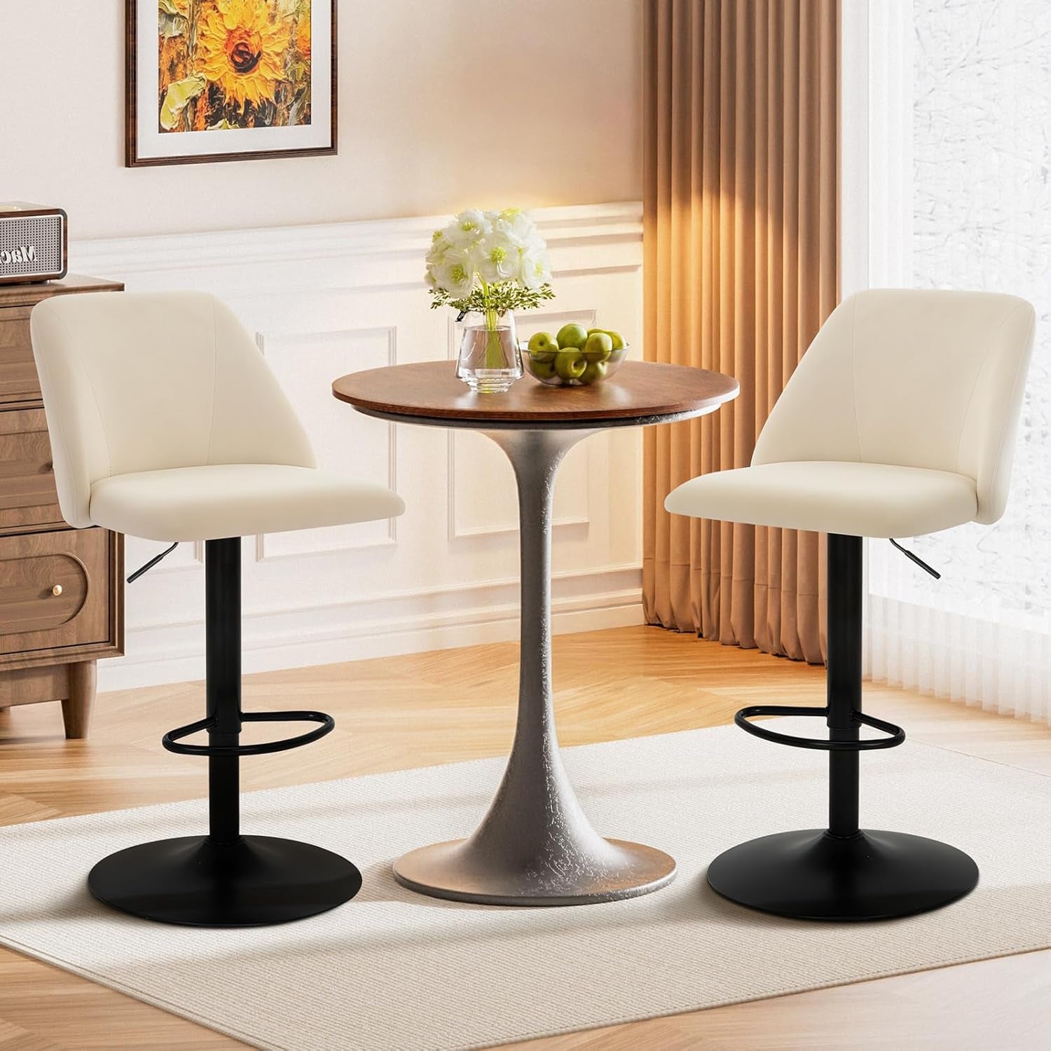 Bar Stools Set of 2, Modern Swivel Bar Chairs, Adjustable Upholstered Barstools Counter Height with Full Backrest for Bar, Dining Room, Kitchen Island, Beige