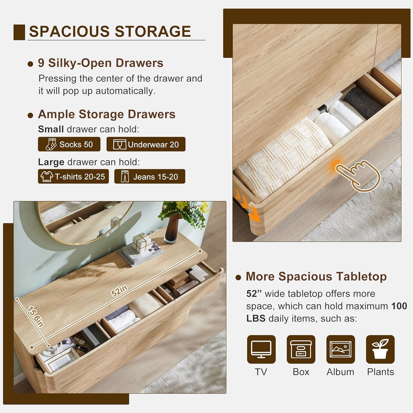 Modern 9 Drawer Dresser for Bedroom, 52" Wide Wooden Dressers with Large Storage,Handleless Chest of Drawers TV Stand for Living Room & Hallway, Curved Profile Design,Natural Oak