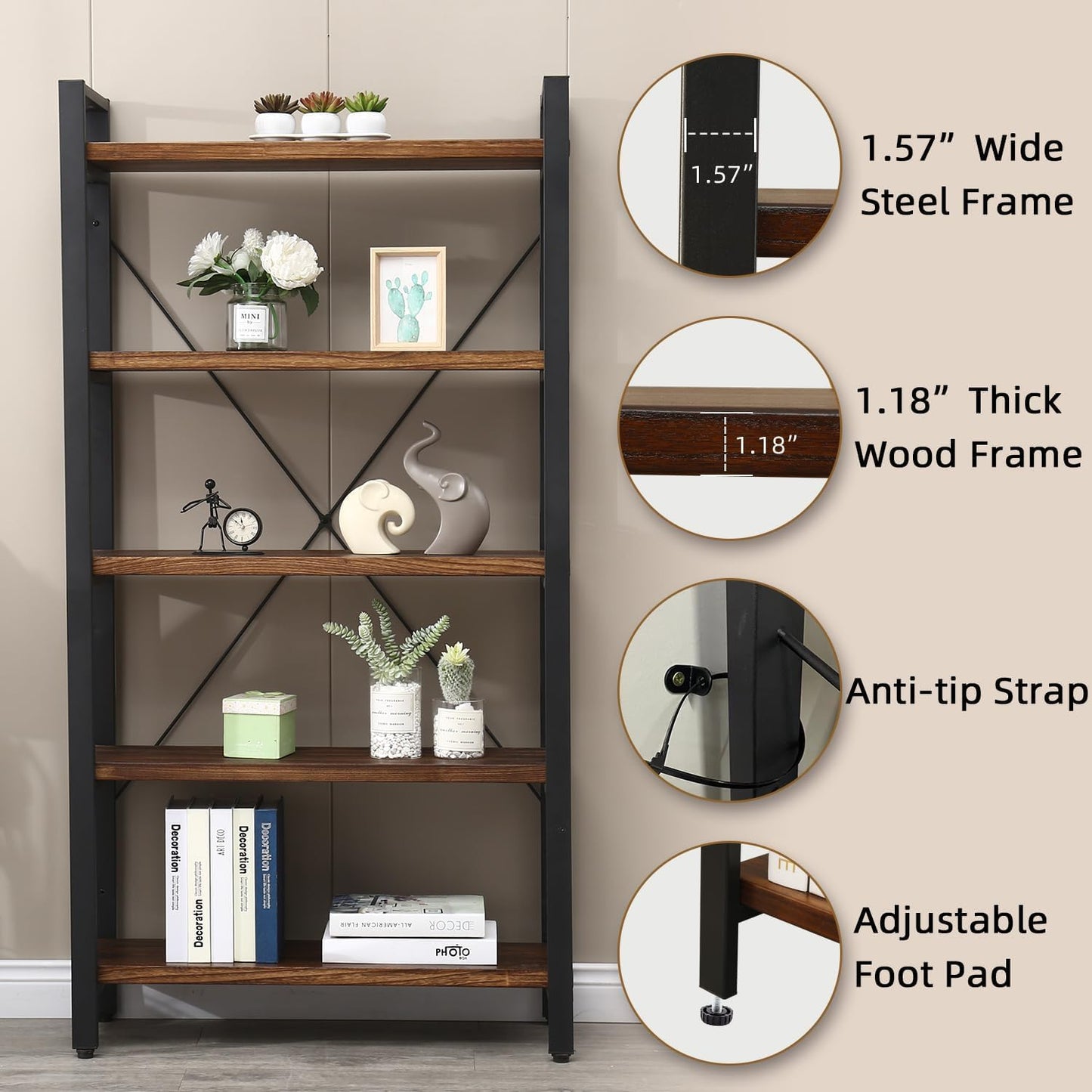 5 Tier Bookcase, Solid Wood Bookshelf Rustic Vintage Industrial Etagere Bookcase, Metal and Wood Free Vintage Bookshelf, Retro Brown (5-Tiers)