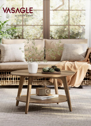 MAEZO Collection Round Coffee Table - 2-Tier Center Table with Storage, Tapered Legs, Curved Transitions, 31.5" Diameter x 17.7" Height, Easy Assembly, Honey Brown Finish for Living Room