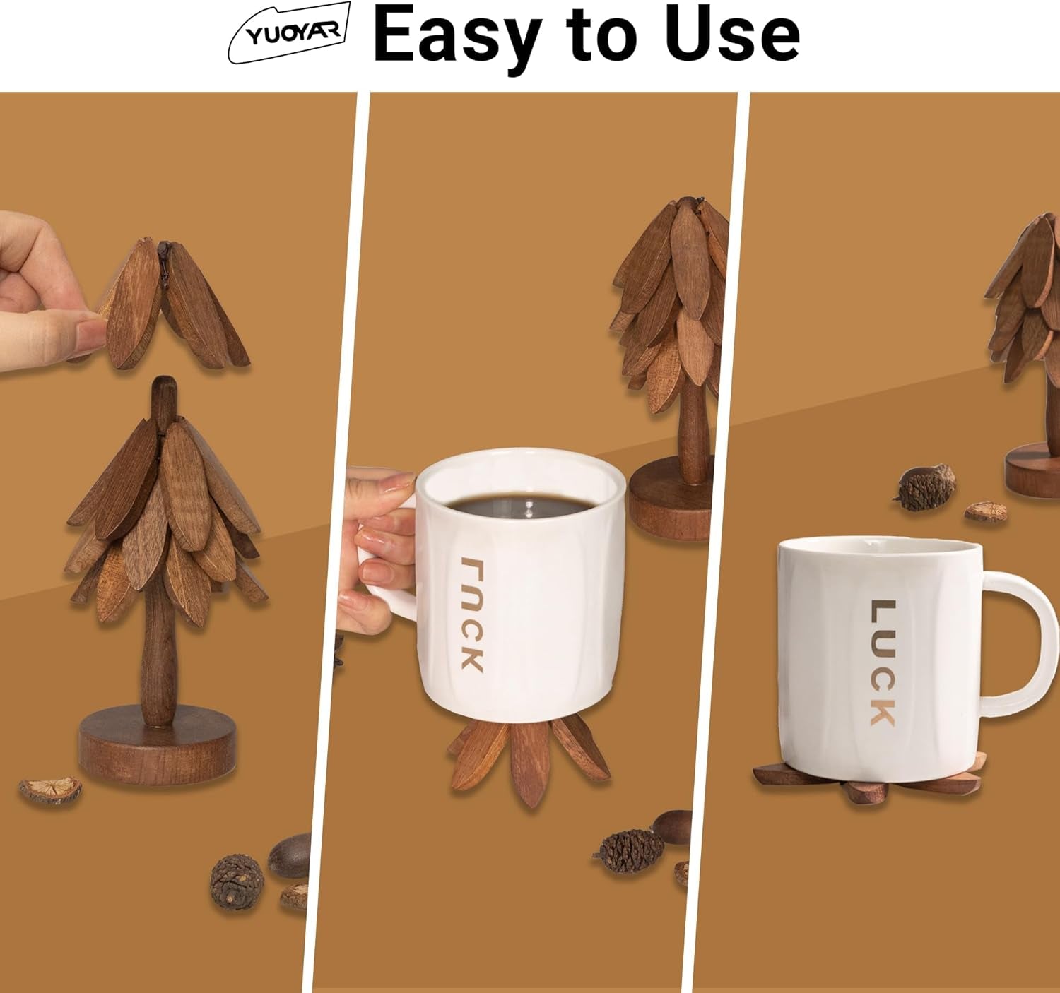 Coasters, Wooden Tree-Shaped Sapeli Wood Drink Coasters Set for Coffee Table, Kitchen Table Decor