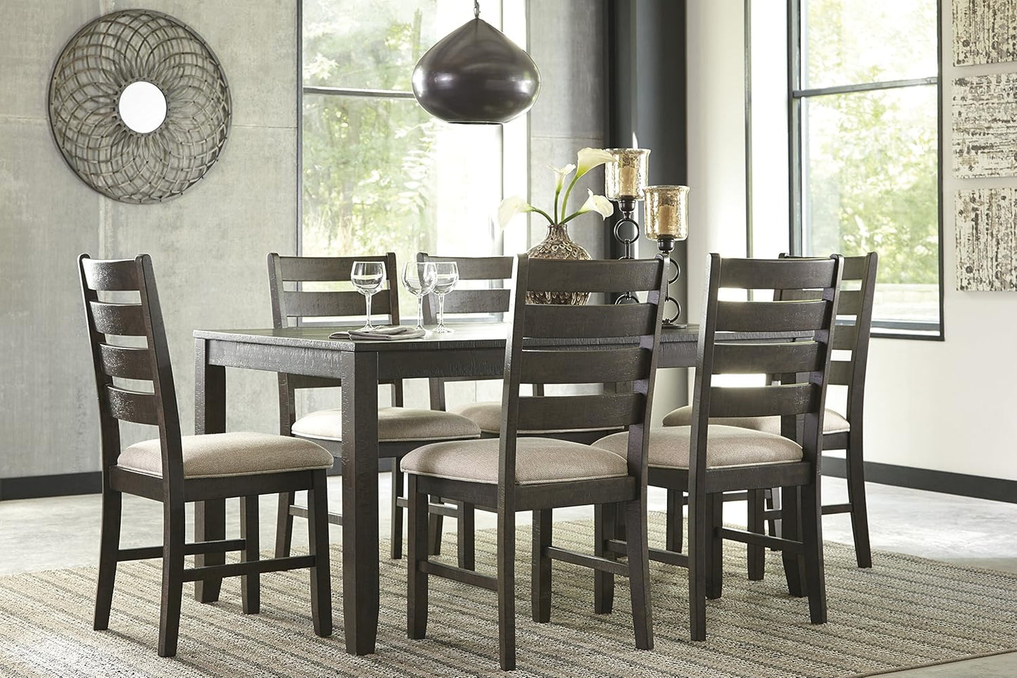 Rokane 7-Piece Dining Room Table Set with 6 Upholstered Chairs - Brown Wood 20" Rectangular Table & Chair Set for Kitchen Dining Room