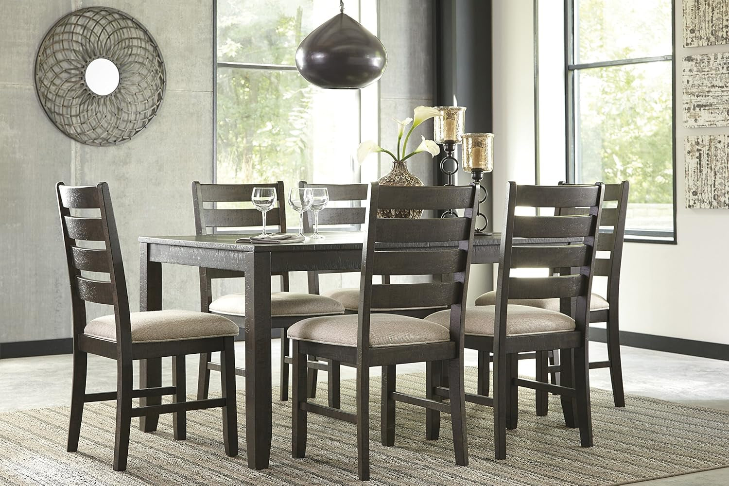 Rokane 7-Piece Dining Room Table Set with 6 Upholstered Chairs - Brown Wood 20" Rectangular Table & Chair Set for Kitchen Dining Room