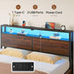 Queen Bed Frame with 4 Storage Drawers, Charging Station and LED Lights, Metal Platform Bed with 2-Tier Storage Headboard, No Box Spring Needed, Easy Assembly, Noise-Free, Walnut