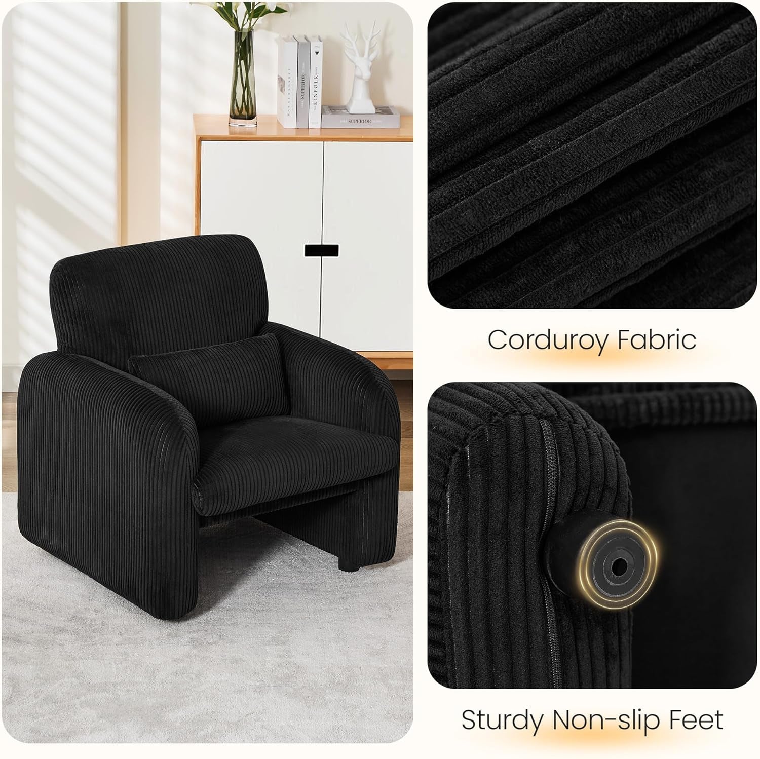 Modern Accent Chair, Comfy Upholstered Corduroy Armchair, Stylish Lounge Reading Chair for Living Room, Bedroom, Black