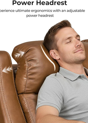 Genuine Leather Power Recliner Sofa with Wall Hugger Design, Dual Motors, USB Charging Ports, Ideal for Living Room and RV, Saddle Leather Finish