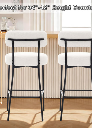 Set of 2 Contemporary 27" White Boucle Counter Height Bar Stools with Backrest and Metal Legs for Kitchen Island and Dining Area