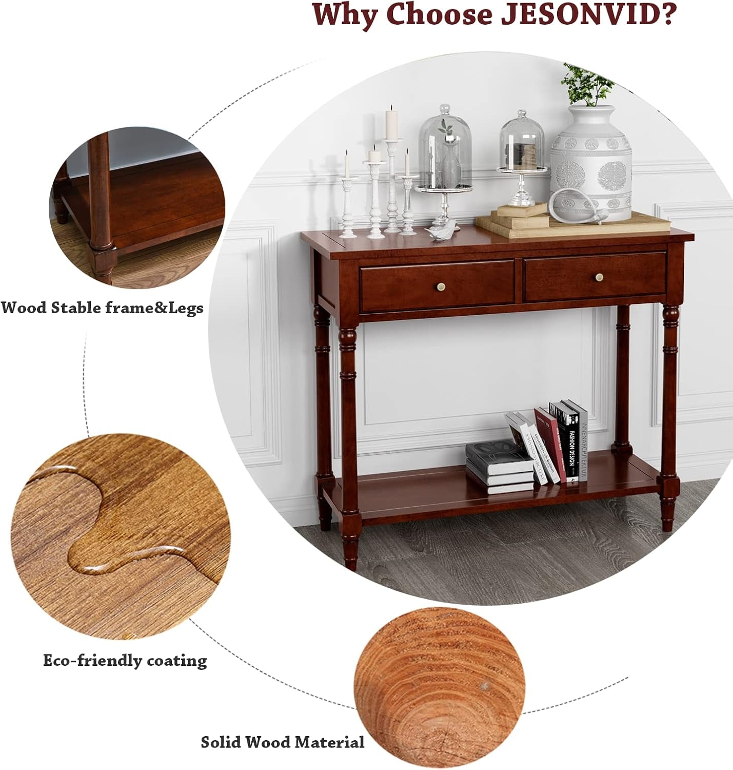 Solid Wood Console Table with 2 Drawers, 2-Tier 35.4" X 30" Accent Sofa Table with Multilayer Storage Shelf Rustic Hall Entryway Tables for Living Room Home Office-Brown