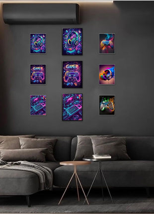 Game Room Canvas Wall Art Set - 16x12 Inch Framed 3-Piece Collection with 6 Additional 8x10 Posters, Neon Gaming Theme Decor for Boys and Youth Bedrooms