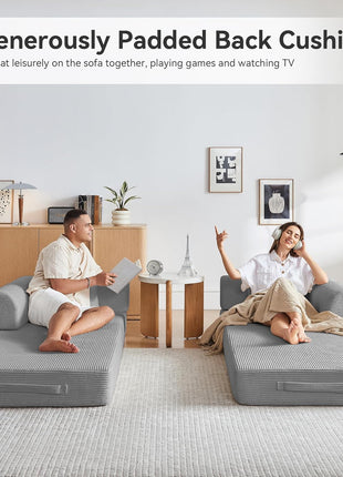 Convertible Sleeper Sofa Bed with Pillow - Corduroy Fabric, High-Density Sponge, Fixed-Shape Frame, Modular Design for Living Room, Lounge, Studio (Light Grey)