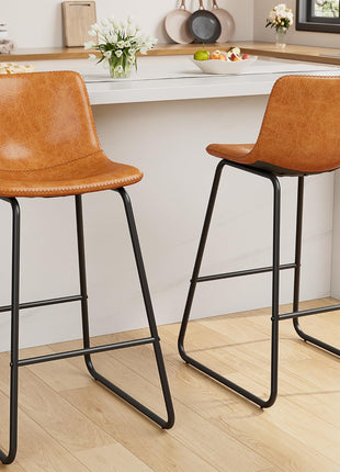 Set of 4 Contemporary PU Leather Counter Height Bar Stools, 26" Armless Dining Chairs with Metal Legs and Footrest in Brown