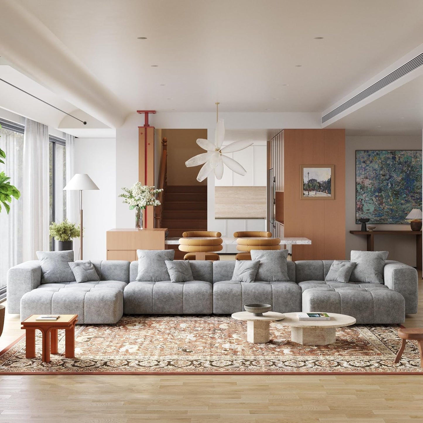 183.5 Inch U-Shaped Modular Sectional Sofas, Modern 4-Seater Couch with Chaise Ottomans, Mid Century Modern Sectional Couches, Cozy Sleeper Sofa for Living Room (Linen Fabric, Grey)