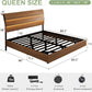 Floating Bed Frame Queen with Led Lights and Charging Station, Wood Full Size Bed Frame with Storage Headboard, Heavy Duty Metal Slats, No Box Spring Needed, Easy Assembly,Walnut